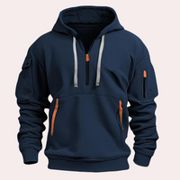 Dunkelblauer Hoodie mit Reißverschlüssen, Kapuze und Taschen, Herrenmode, Freizeitkleidung.