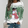 Damenpullover mit Schneemann-Motiv, grün-weiß, Wintermode, festlich, Baumwolle.