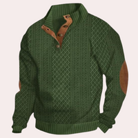 Grüner Strickpullover mit Knopfleiste und braunen Ellbogen-Patches für Herren.