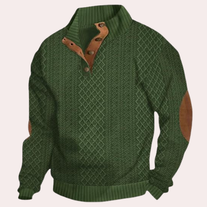 Grüner Strickpullover mit Knopfleiste und braunen Ellbogen-Patches für Herren.