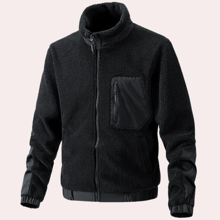 Schwarze Fleecejacke mit Reißverschluss, Brusttasche, warm, Herrenmode, Outdoor-Bekleidung