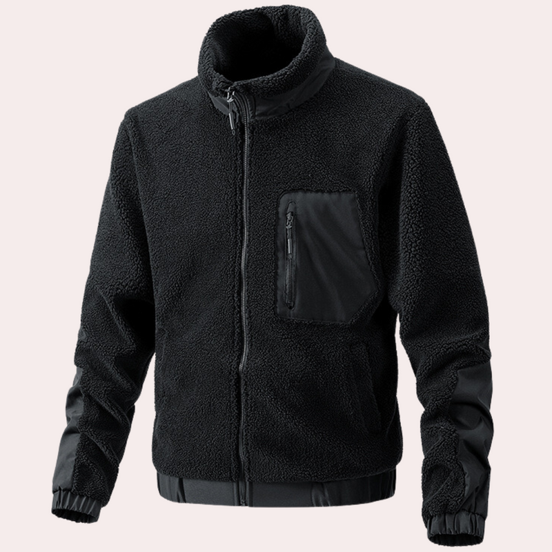 Schwarze Fleecejacke mit Reißverschluss, Brusttasche, warm, Herrenmode, Outdoor-Bekleidung