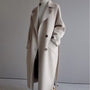 Damen-Wollmantel beige, lang, Herbst-Winter, eleganter Stil, Knöpfe, Taschen, modisch.