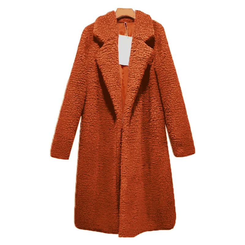 Orangefarbener Damen-Wintermantel, Teddyfell, warm, modisch, lang, elegant, Herbst/Winter.