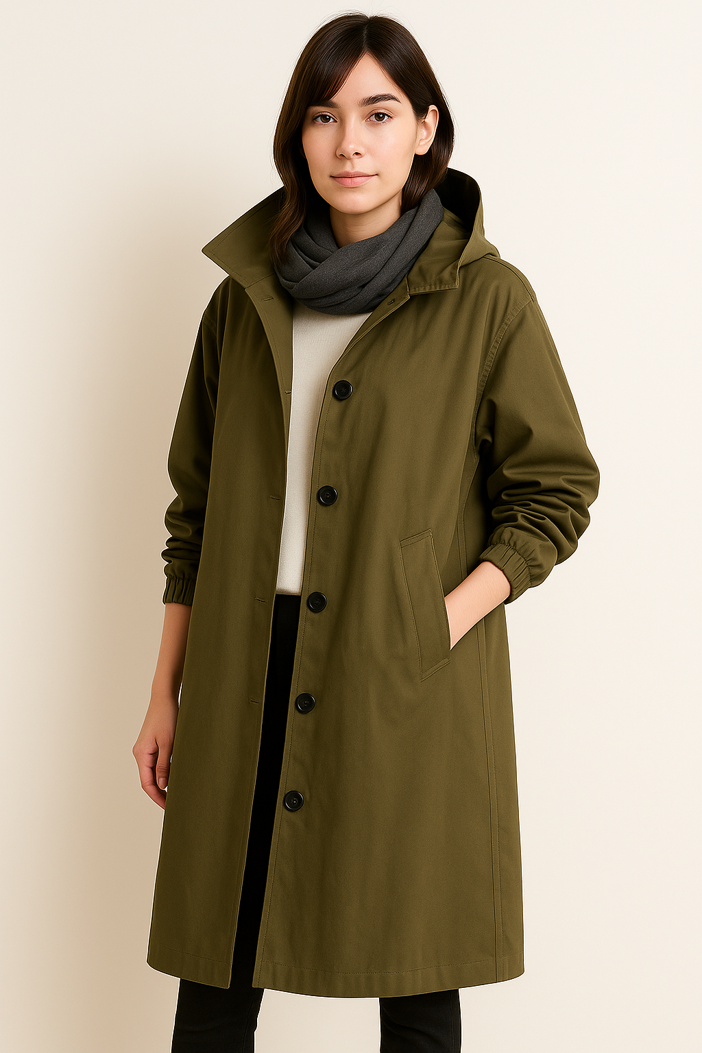 Langer Damen Trenchcoat mit Kapuze – Ranya Herbstedition