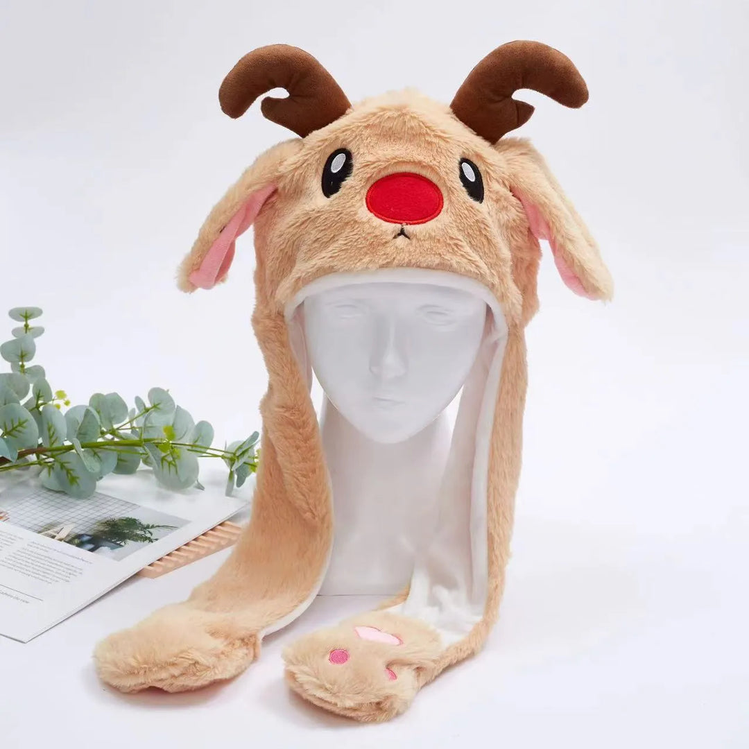 Rentier-Mütze aus Plüsch, beige mit roten Details, ideal für Weihnachten, Kinder-Accessoire.