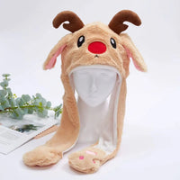 Rentier-Mütze aus Plüsch, beige mit roten Details, ideal für Weihnachten, Kinder-Accessoire.