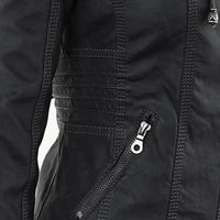 Schwarze Lederjacke mit Reißverschluss, Nahtdetails, modisch, hochwertig, Damenbekleidung.