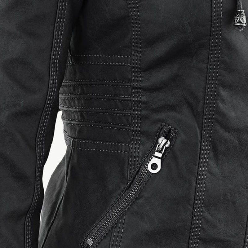 Schwarze Lederjacke mit Reißverschluss, Nahtdetails, modisch, hochwertig, Damenbekleidung.
