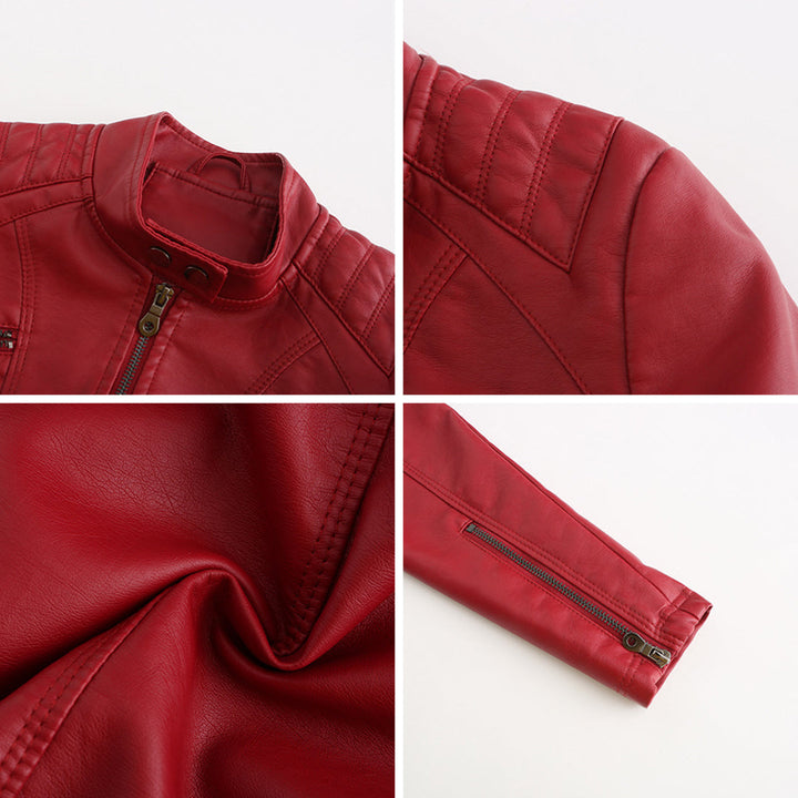 Rote Lederjacke, Nahaufnahme, Reißverschlussdetails, modisch, hochwertig, stilvoll, Damenmode.
