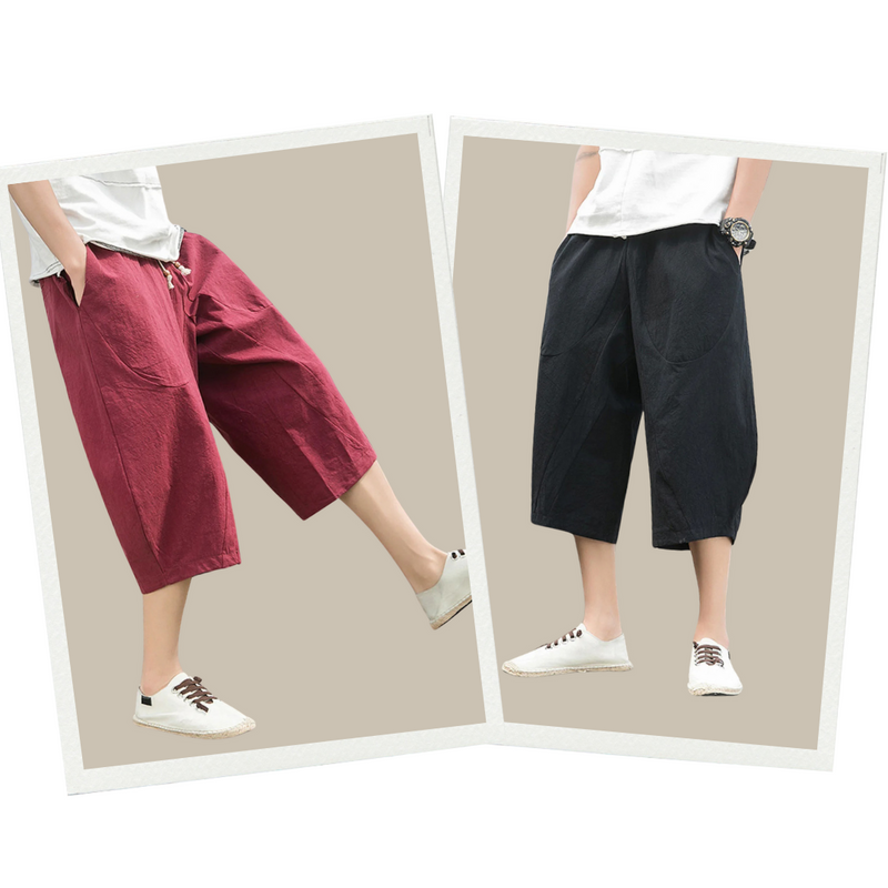 Zwei Herren-Shorts, rot und schwarz, aus Baumwolle, lässig, knielang, mit Taschen.