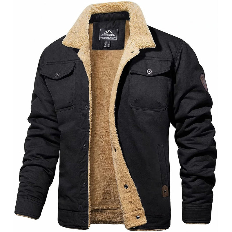 Schwarze Herren-Bomberjacke mit beigem Futter, Wintermode, warm, stilvoll, Outdoor-Bekleidung.