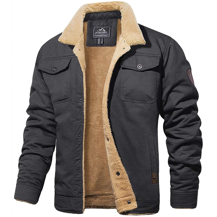 Schwarze Herren-Bomberjacke mit beigem Futter, Wintermode, warm, stilvoll, Outdoor-Bekleidung.