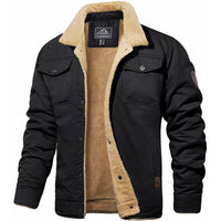 Schwarze Herren-Bomberjacke mit beigem Futter, Wintermode, warm, stilvoll, Baumwolle.