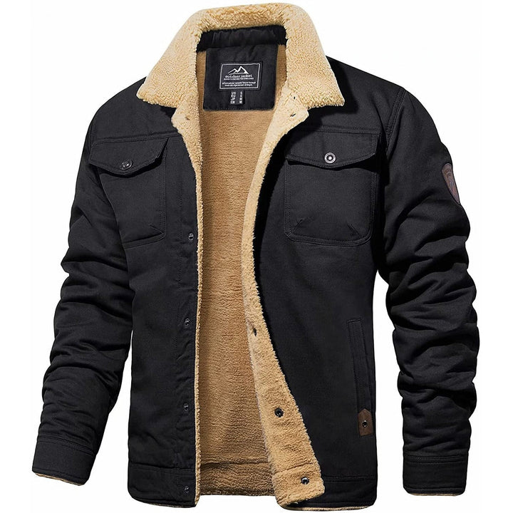 Schwarze Herren-Bomberjacke mit beigem Futter, Wintermode, warm, stilvoll, Baumwolle.