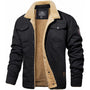 Schwarze Herren-Bomberjacke mit beigem Futter, Wintermode, warm, stilvoll, Baumwolle.
