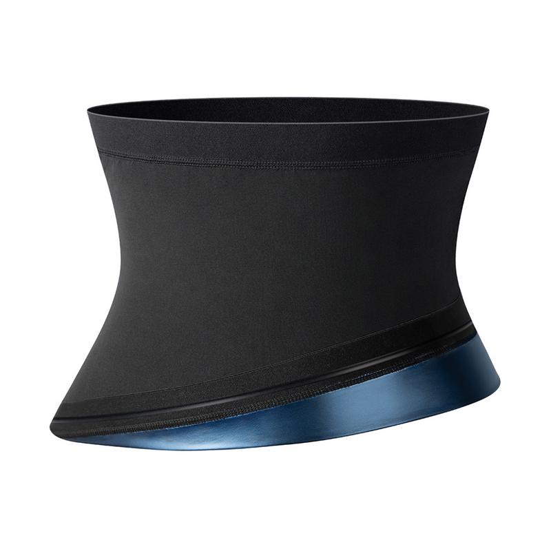 Schwarzer Taillentrainer aus Neopren mit blauem Saum, Fitness, Shapewear, Bauchweg-Gürtel.