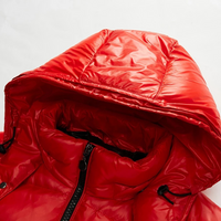 Rote Daunenjacke mit Kapuze, glänzend, Reißverschluss, Wintermode, warme Oberbekleidung.