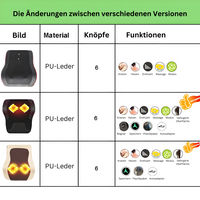 Vergleichstabelle Massagegeräte, PU-Leder, 6 Knöpfe, Funktionen: Kneten, Heizen, Vibration.