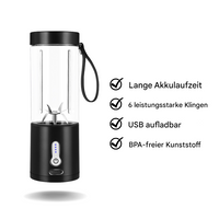 Tragbarer Mixer, schwarz, USB aufladbar, 6 Klingen, BPA-frei, lange Akkulaufzeit.