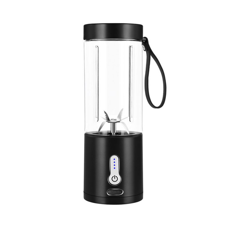 Schwarzer tragbarer Smoothie-Maker, USB-aufladbar, ideal für unterwegs.