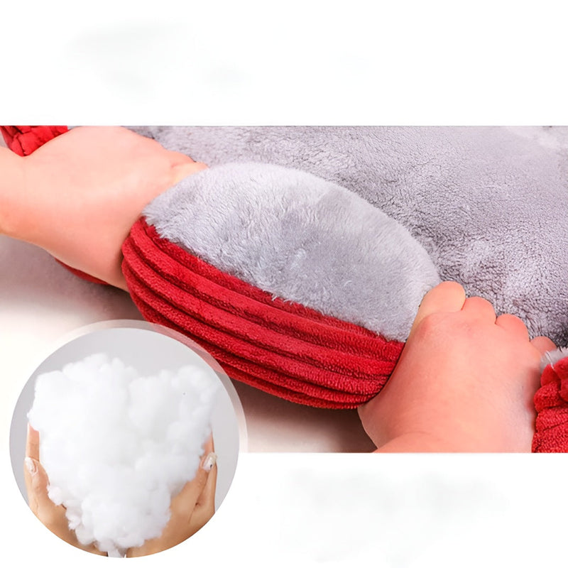 Weiches graues und rotes Plüsch-Haustierbett, luxuriöses Kissen, gemütlich und stilvoll.