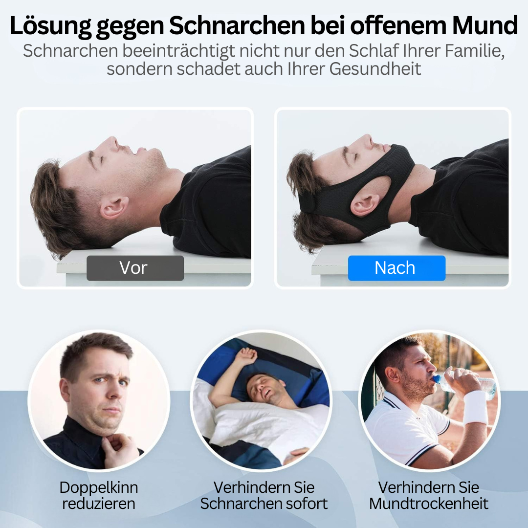 Mann mit Schnarchband vor und nach Anwendung, Schnarchen verhindern, Schlafhilfe, Gesundheit.