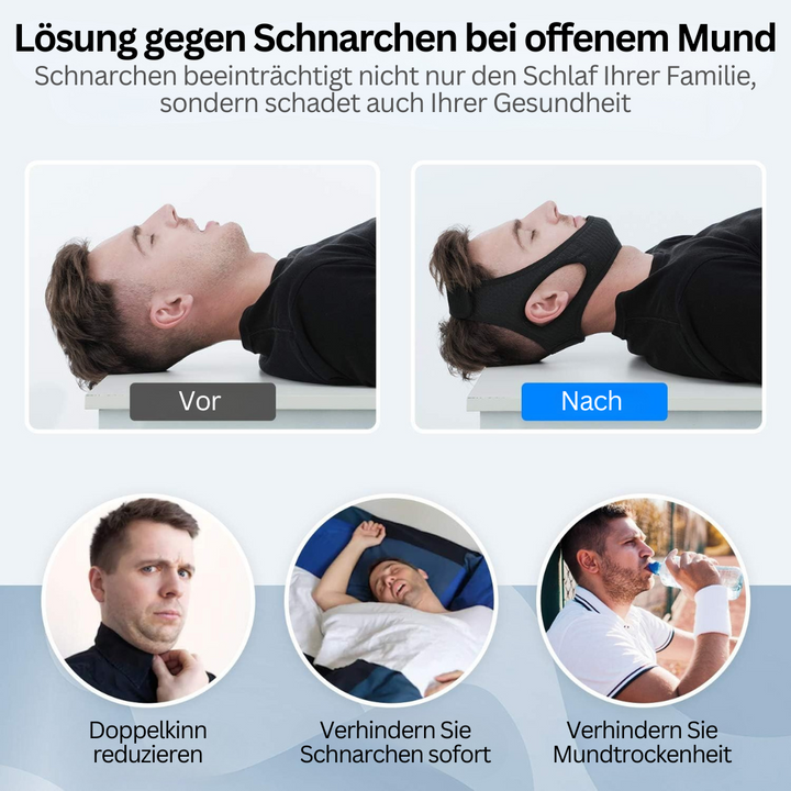 Mann mit Schnarchband vor und nach Anwendung, Schnarchen verhindern, Schlafhilfe, Gesundheit.