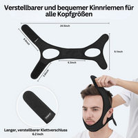 Verstellbarer schwarzer Kinnriemen für alle Kopfgrößen, bequem, mit Klettverschluss.