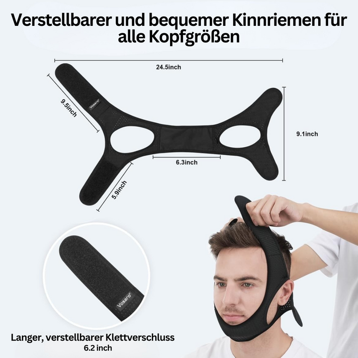 Verstellbarer schwarzer Kinnriemen für alle Kopfgrößen, bequem, mit Klettverschluss.
