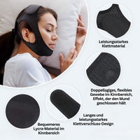 Frau mit schwarzem Kinnriemen aus Lycra, Klettverschluss, Schlafhilfe, bequem, flexibel.