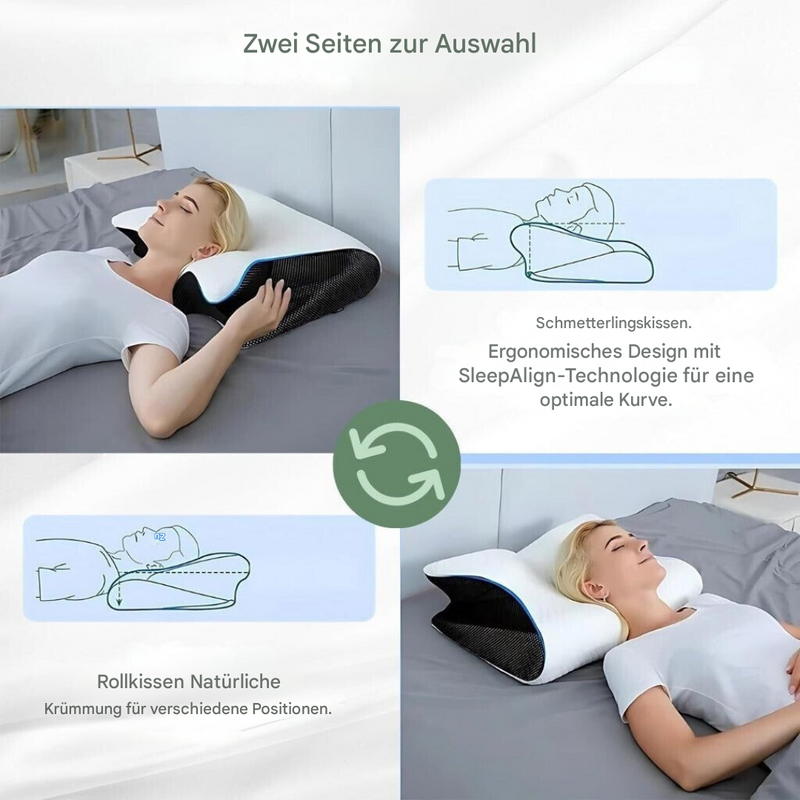 Ergonomisches Nackenkissen, weiß-schwarz, mit SleepAlign-Technologie für optimalen Schlafkomfort.