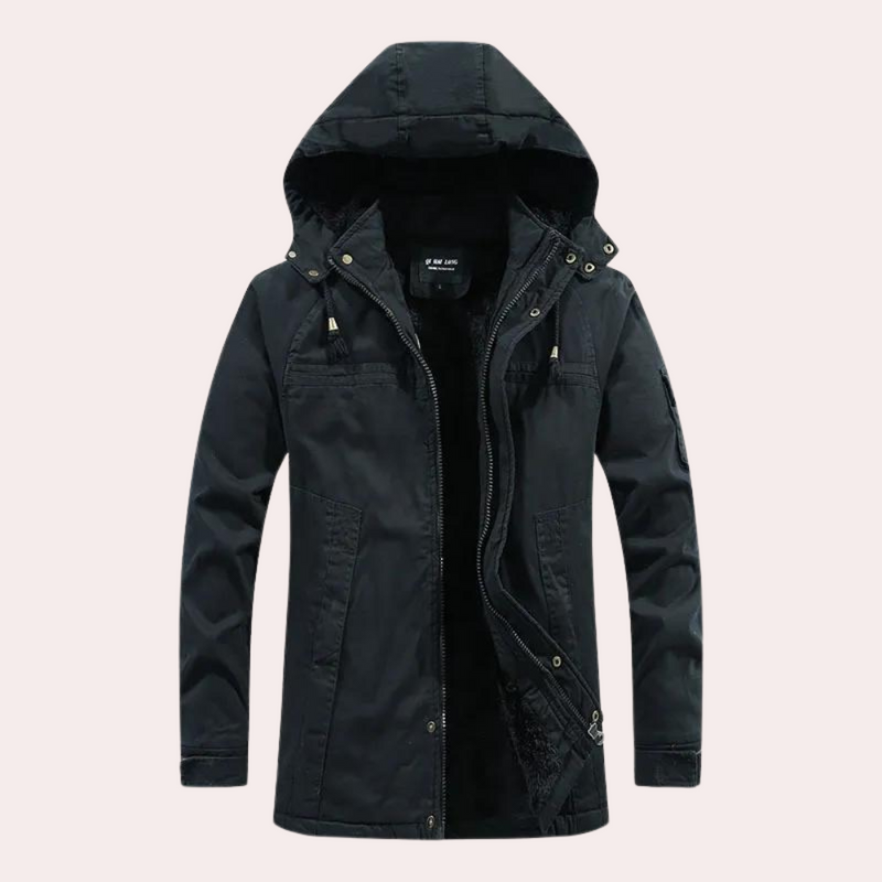 Schwarze Herrenjacke mit Kapuze, Reißverschluss, wasserabweisend, Outdoor-Bekleidung.