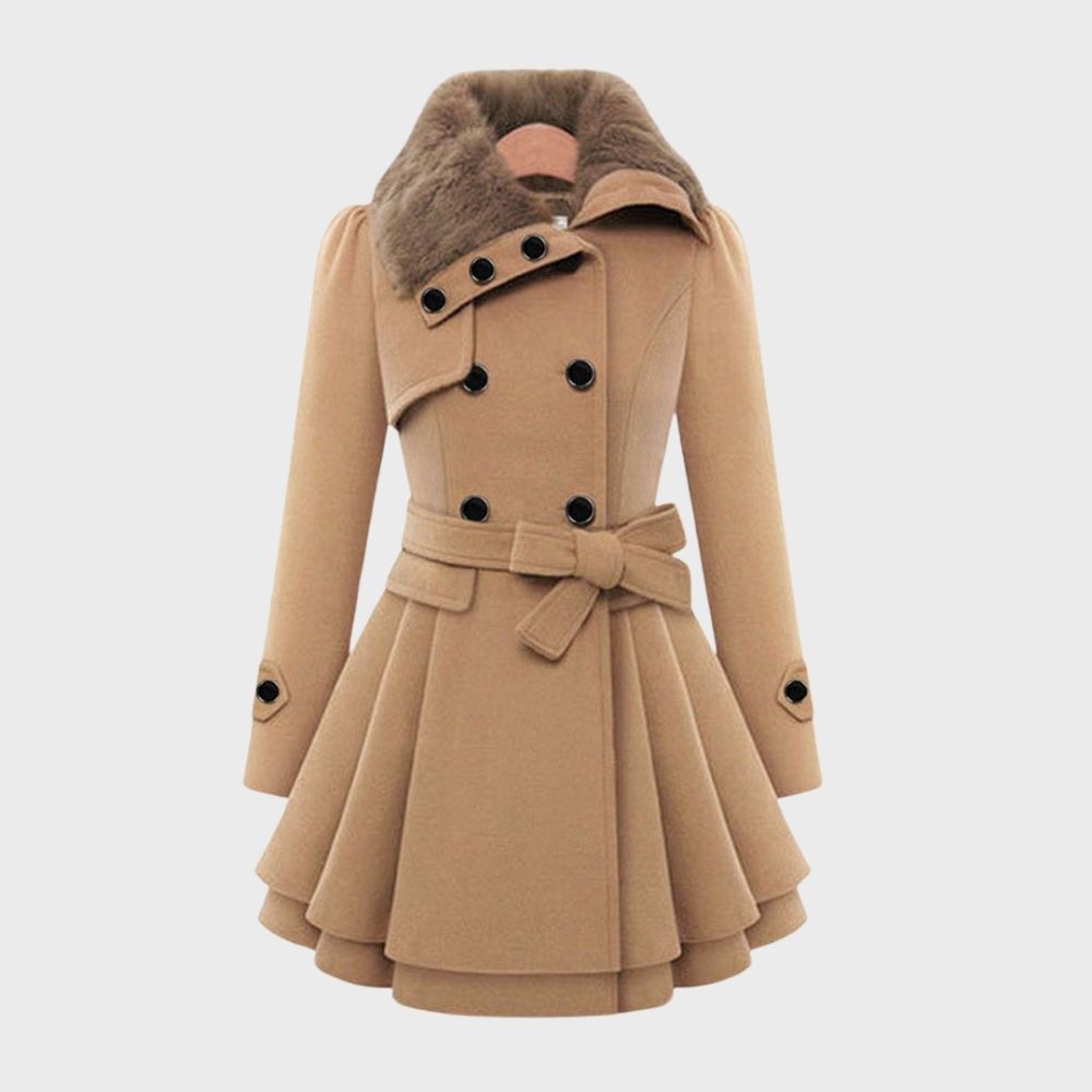 Khaki Damen Wintermantel mit Gürtel, doppelte Knopfleiste, Pelzkragen, elegant und warm.