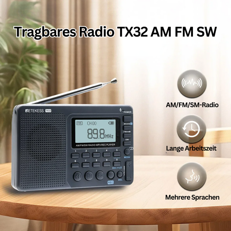 Tragbares Radio TX32, AM/FM/SW, Schwarz, LCD-Display, Mehrsprachig, Lange Akkulaufzeit