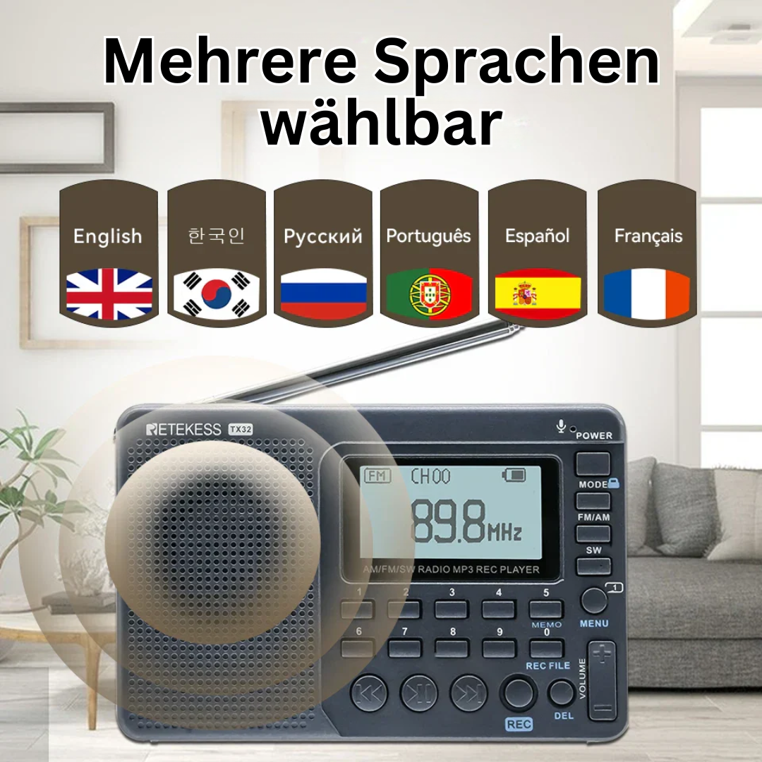 Tragbares Radio Retekess V117, schwarz, mehrsprachig, FM/AM, Digitalanzeige, Tastenbedienung.