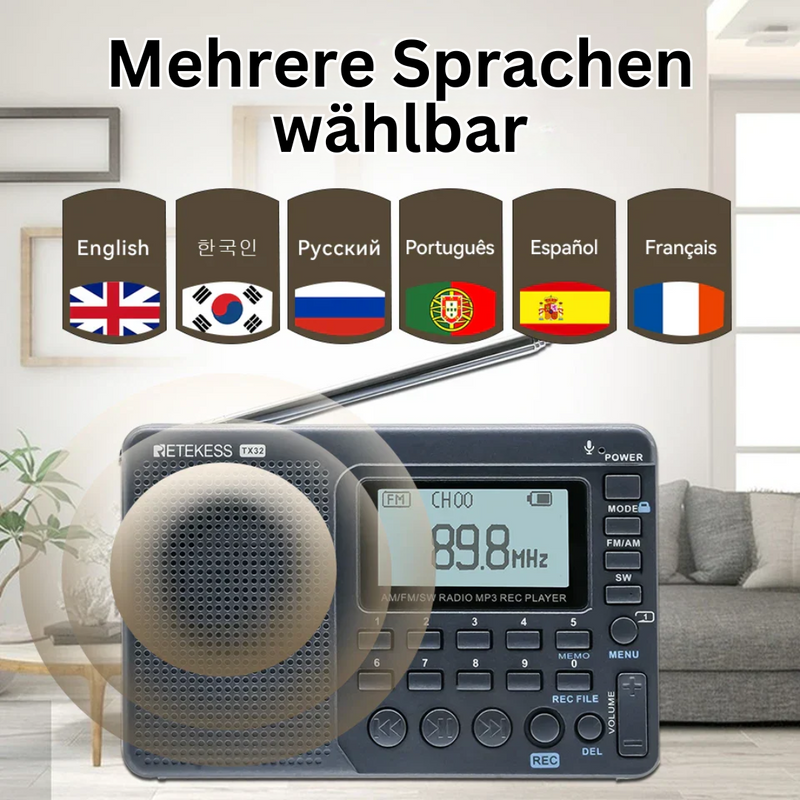Tragbares Radio Retekess V117, schwarz, mehrsprachig, FM/AM, Digitalanzeige, Tastenbedienung.