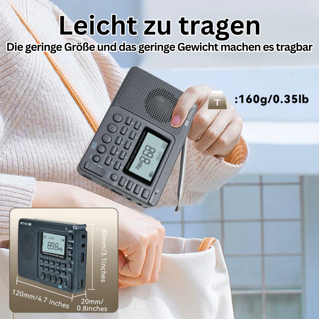 Tragbares schwarzes Digitalradio mit LCD-Display, leicht, kompakt, ideal für unterwegs.