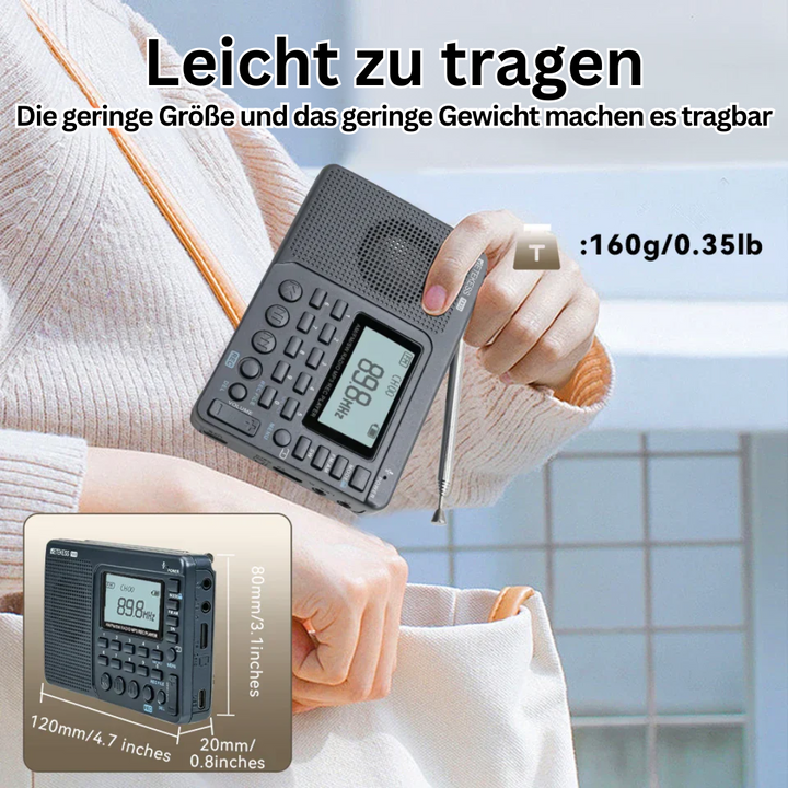 Tragbares schwarzes Digitalradio mit LCD-Display, leicht, kompakt, ideal für unterwegs.