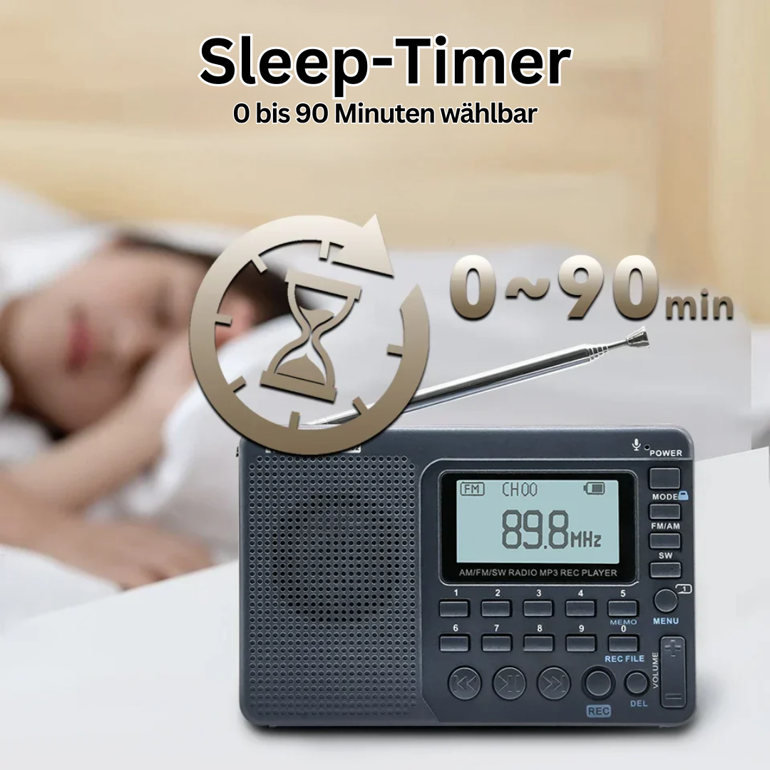 Schwarzes tragbares Radio mit Sleep-Timer, 0-90 Minuten, auf Nachttisch neben schlafender Person.