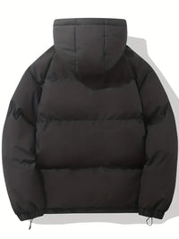 Schwarze warme Kapuzenjacke, klassisches Design, Wintermode, isolierte Outdoor-Bekleidung.