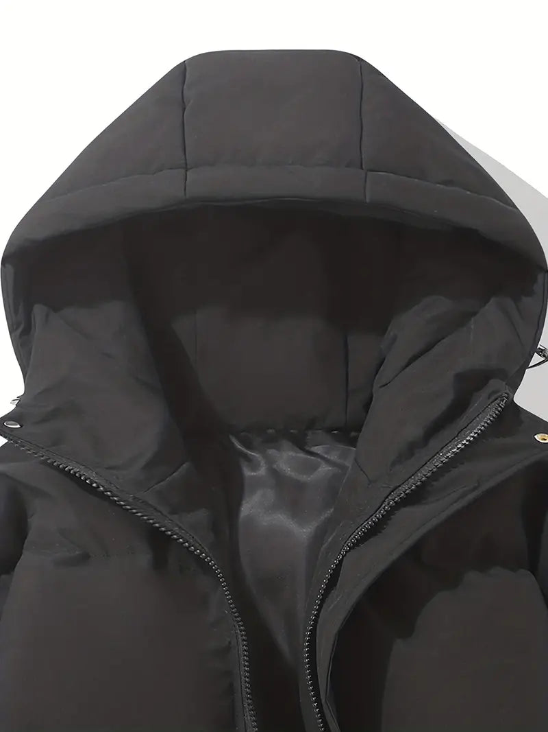 Schwarze Kapuzenjacke, klassisches Design, warm, Unisex, Wintermode, Reißverschluss.