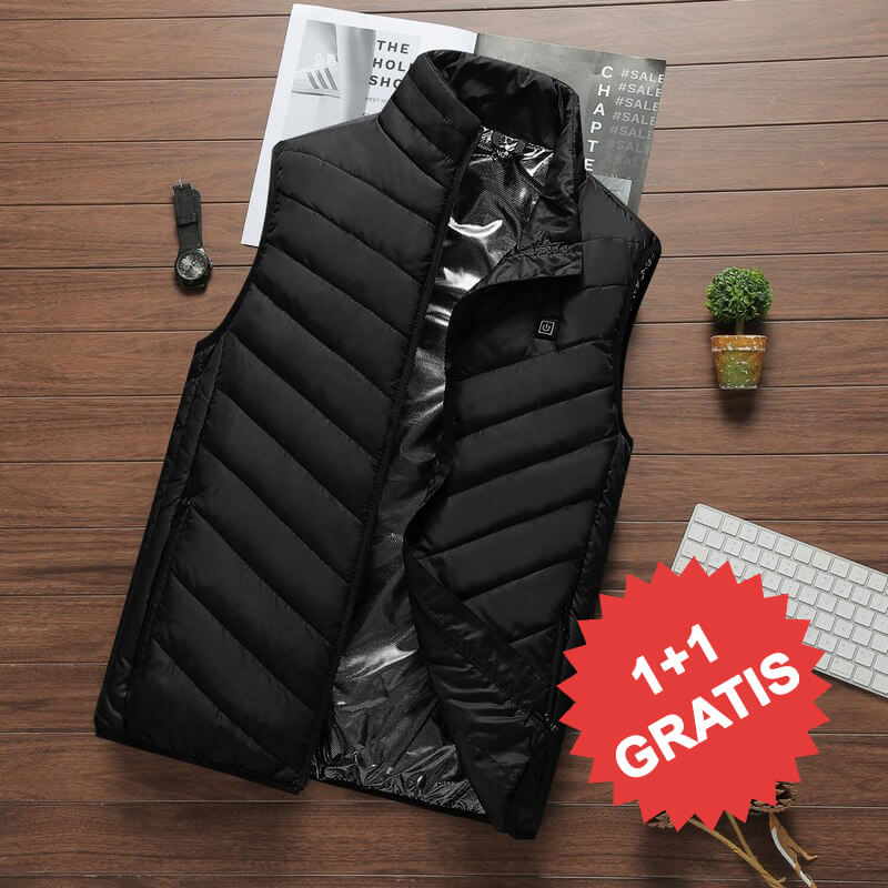 Schwarze beheizte Weste, unisex, mit 1+1 Gratis-Angebot, auf Holztisch.