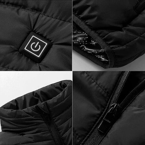 Schwarze beheizbare Weste, Unisex, mit Reißverschluss und Heizknopf, Detailansicht.