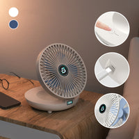 Grauer Tischventilator mit USB-Anschluss, Touch-Bedienung, modernem Design, leise, energiesparend.
