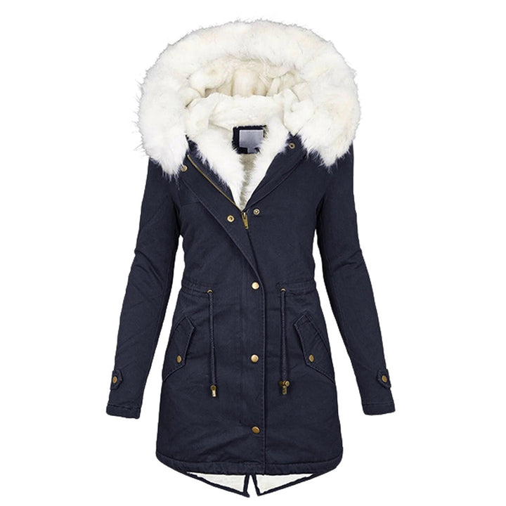 Marineblaue Winterjacke mit Kapuze, Damenmantel, warm, Kunstfell, modisch, Outdoor-Bekleidung.