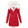 Rote Winterjacke mit Kapuze, Damenmantel, warm, modisch, Kunstfellbesatz, Outdoor-Bekleidung.