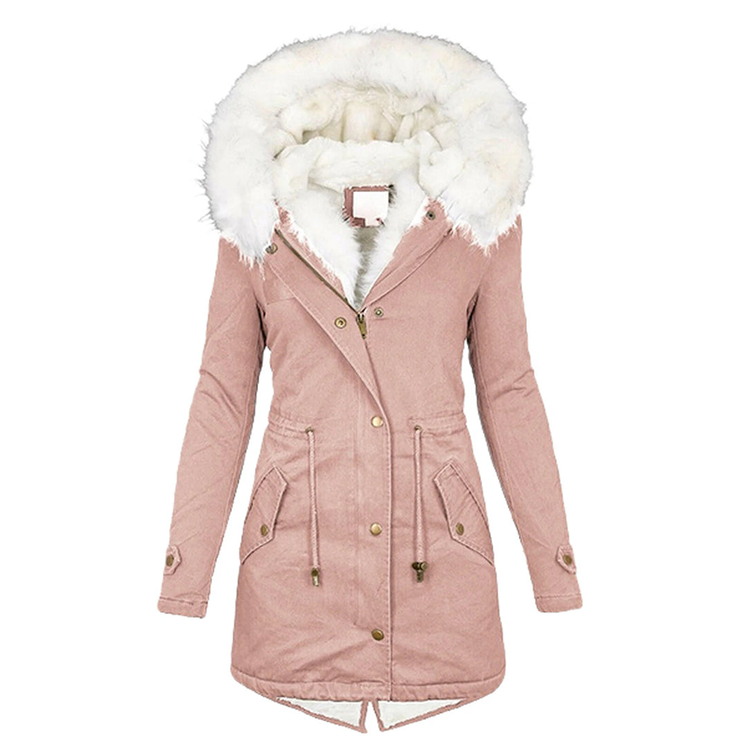Rosa Winterjacke mit Kapuze, Damenmantel, warm, modisch, Kunstfell, Outdoor-Bekleidung.
