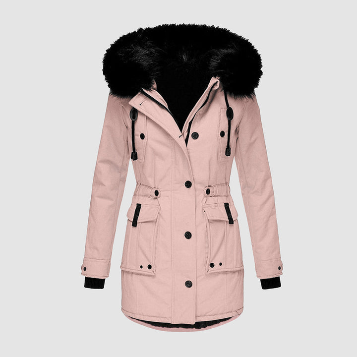 Rosa Winterjacke mit Kapuze, Damenmantel, warm, modisch, mit schwarzen Details, Parka-Stil.
