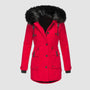 Roter Damen-Wintermantel mit Kapuze, Fellbesatz, warm, modisch, Outdoor-Bekleidung.
